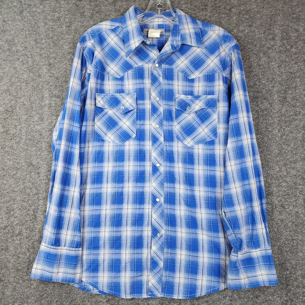 Wrangler Wrancher Western Shirt Mens Medium Blue Plaid Pearl Snap Long Sleeve